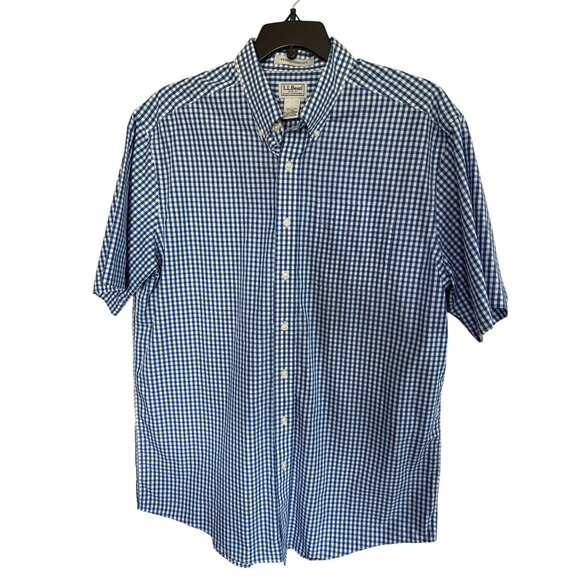 L.L. Bean Men's Short Sleeve Button Down Wrinkle Resistant Blue Gingham Size LT - Picture 1 of 7